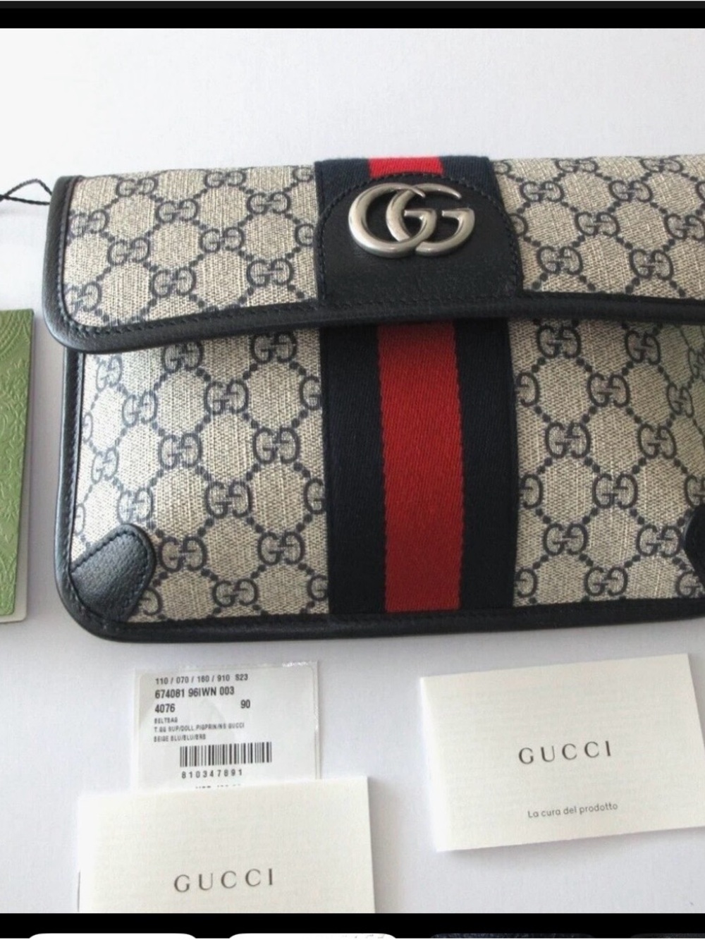 NWT Gucci GG Supreme Belt Bag Web Ophidia White Blue 674081  90 WITH GUCCI BOX
